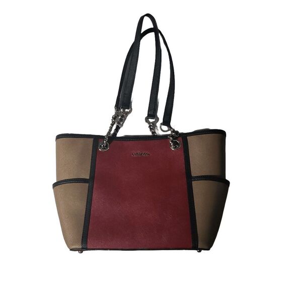 Calvin Klein Red Tan Color Block Silver Hardware Tote Purse - Picture 1 of 5